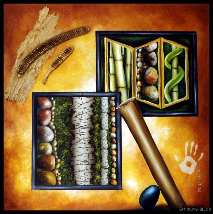 04 Schau dich um - es ist fuer alles gesorgt Acryl, Pastell, Paintingstones, Saat und Paperbark auf Leinwand;
120 x 120 cm